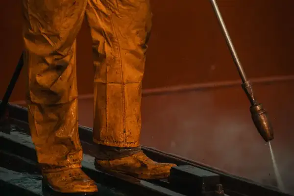 Worker in protective coveralls using a high-pressure water lance