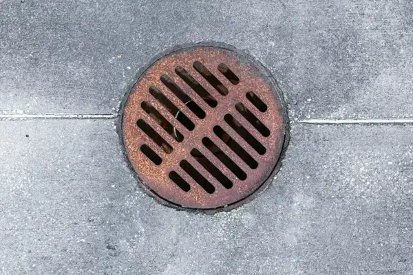 Rusted round catch basin grate set in a concrete surface