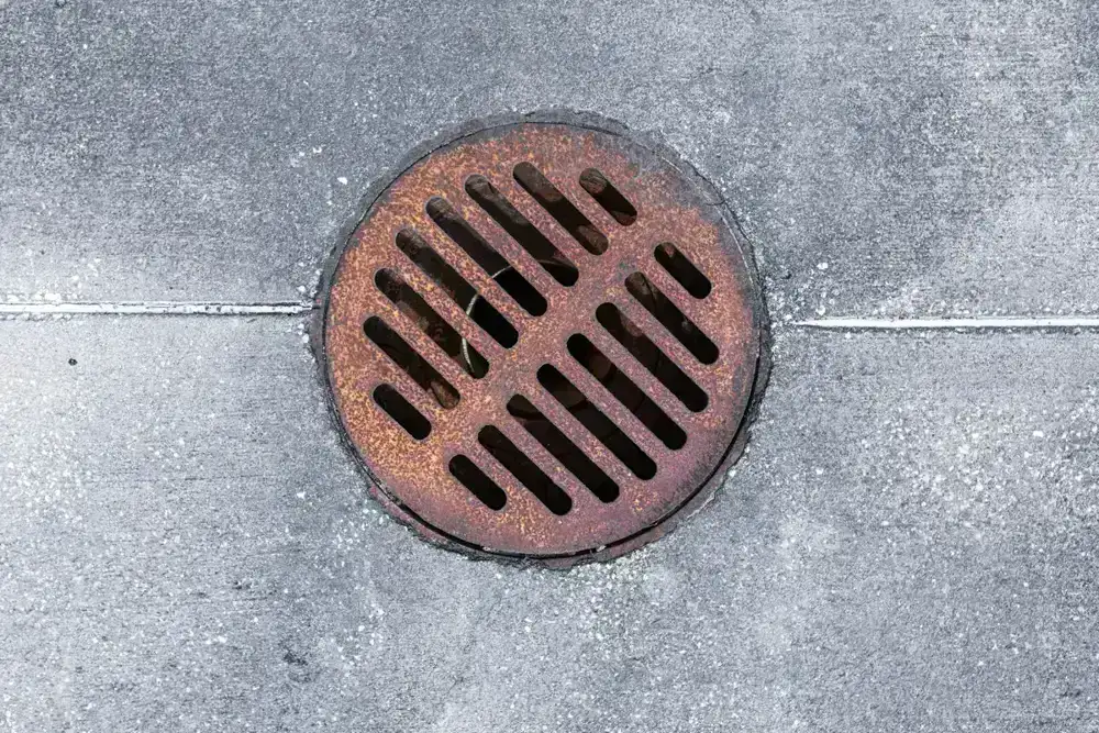 Rusted round catch basin grate set in a concrete surface